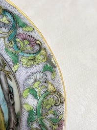 Two Chinese Canton famille verte serving dishes, a square bowl and stand with figural design, 19th C.