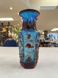 A Chinese red-overlay blue glass 'Cranes' hexagonal vase, Qianlong mark and of the period
