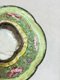 A Chinese celadon jade belt hook mounted as a handle on a Canton enamel bowl, Qing