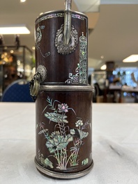Two Vietnamese waterpipes in wood, silver and metal, one with mother-of-pearl inlay, 19th C.