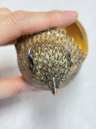 A pair of Chinese enamelled gilt-silver quail-form boxes and covers, 19/20th C.