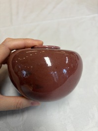 A Chinese copper-red-glazed plate, a meiping vase and two water pots, Kangxi marks, 19/20th C.