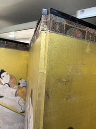 A Japanese six-panel folding screen or byōbu depicting children playing with an elephant, ink, colour and gold leaf on paper, Meiji, 19th C.