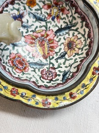 A Chinese celadon jade belt hook mounted as a handle on a Canton enamel bowl, Qing