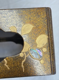 A Japanese mother-of-pearl-inlaid lacquer five-tier stacking box with two covers and a tray, 19/20th C.