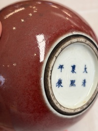 A Chinese copper-red-glazed plate, a meiping vase and two water pots, Kangxi marks, 19/20th C.