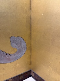 A Japanese six-panel folding screen or byōbu depicting children playing with an elephant, ink, colour and gold leaf on paper, Meiji, 19th C.