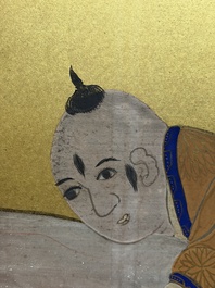 A Japanese six-panel folding screen or byōbu depicting children playing with an elephant, ink, colour and gold leaf on paper, Meiji, 19th C.