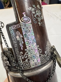Two Vietnamese waterpipes in wood, silver and metal, one with mother-of-pearl inlay, 19th C.