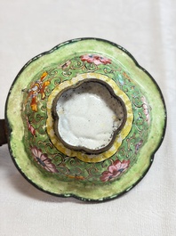 A Chinese celadon jade belt hook mounted as a handle on a Canton enamel bowl, Qing
