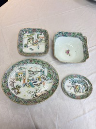 Two Chinese Canton famille verte serving dishes, a square bowl and stand with figural design, 19th C.