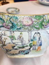 Two Chinese Canton famille verte serving dishes, a square bowl and stand with figural design, 19th C.