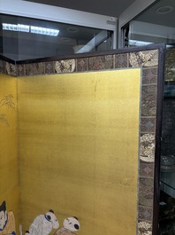 A Japanese six-panel folding screen or byōbu depicting children playing with an elephant, ink, colour and gold leaf on paper, Meiji, 19th C.