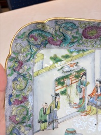 Two Chinese Canton famille verte serving dishes, a square bowl and stand with figural design, 19th C.