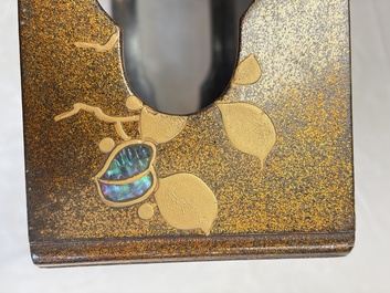 A Japanese mother-of-pearl-inlaid lacquer five-tier stacking box with two covers and a tray, 19/20th C.