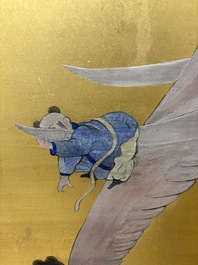 A Japanese six-panel folding screen or byōbu depicting children playing with an elephant, ink, colour and gold leaf on paper, Meiji, 19th C.