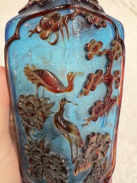 A Chinese red-overlay blue glass 'Cranes' hexagonal vase, Qianlong mark and of the period