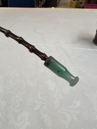 Two Vietnamese waterpipes in wood, silver and metal, one with mother-of-pearl inlay, 19th C.