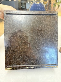 A Japanese mother-of-pearl-inlaid lacquer five-tier stacking box with two covers and a tray, 19/20th C.