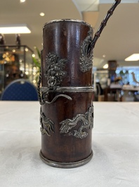 Two Vietnamese waterpipes in wood, silver and metal, one with mother-of-pearl inlay, 19th C.