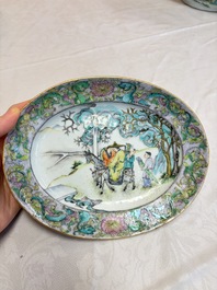 Two Chinese Canton famille verte serving dishes, a square bowl and stand with figural design, 19th C.