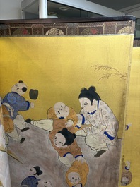 A Japanese six-panel folding screen or byōbu depicting children playing with an elephant, ink, colour and gold leaf on paper, Meiji, 19th C.
