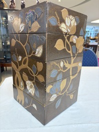 A Japanese mother-of-pearl-inlaid lacquer five-tier stacking box with two covers and a tray, 19/20th C.