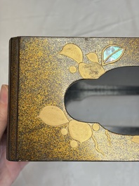 A Japanese mother-of-pearl-inlaid lacquer five-tier stacking box with two covers and a tray, 19/20th C.
