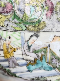 Two Chinese Canton famille verte serving dishes, a square bowl and stand with figural design, 19th C.