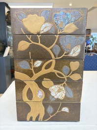 A Japanese mother-of-pearl-inlaid lacquer five-tier stacking box with two covers and a tray, 19/20th C.