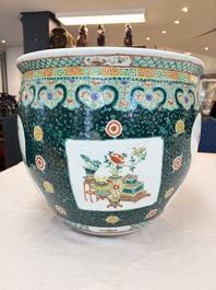 A Chinese famille verte black-ground jardini&egrave;re with birds, antiquities and flowers, 19th C.