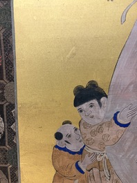 A Japanese six-panel folding screen or byōbu depicting children playing with an elephant, ink, colour and gold leaf on paper, Meiji, 19th C.