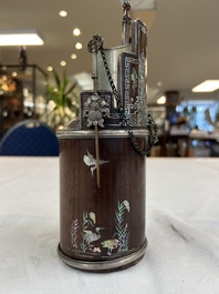 Two Vietnamese waterpipes in wood, silver and metal, one with mother-of-pearl inlay, 19th C.