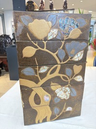 A Japanese mother-of-pearl-inlaid lacquer five-tier stacking box with two covers and a tray, 19/20th C.
