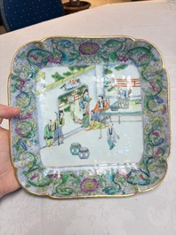 Two Chinese Canton famille verte serving dishes, a square bowl and stand with figural design, 19th C.