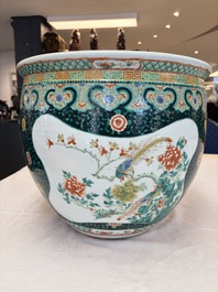 A Chinese famille verte black-ground jardini&egrave;re with birds, antiquities and flowers, 19th C.