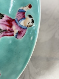 A Chinese famille rose turquoise-ground 'Playing Boys' plate, Qianlong mark, Republic