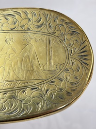 A group of four copper and brass engraved tobacco boxes, The Netherlands, 18th C.
