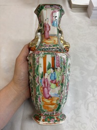 A pair of Chinese Canton famille rose hat stands, a covered vase, a vase and a bowl, 19th C.
