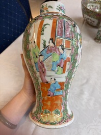 A pair of Chinese Canton famille rose hat stands, a covered vase, a vase and a bowl, 19th C.