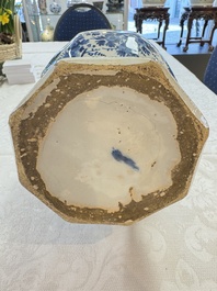 A pair of blue and white Dutch Delft garlic-head vases mounted as lamps, 18th C.