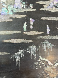 A rare large square Chinese laque burgaut&eacute; tray depicting a mountainous garden, Kangxi