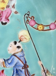 A Chinese famille rose turquoise-ground 'Playing Boys' plate, Qianlong mark, Republic