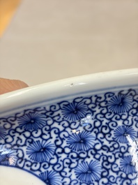 A Chinese blue and white jardini&egrave;re with stand, a 'Chilong' jar and a famille rose covered tureen, Guanyao 官窑 mark, 19th C.