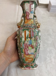 A pair of Chinese Canton famille rose hat stands, a covered vase, a vase and a bowl, 19th C.