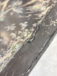 A rare large square Chinese laque burgaut&eacute; tray depicting a mountainous garden, Kangxi