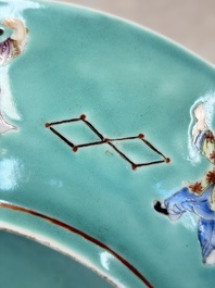 A Chinese famille rose turquoise-ground 'Playing Boys' plate, Qianlong mark, Republic