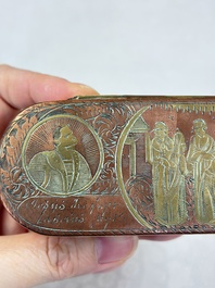 A group of four copper and brass engraved tobacco boxes, The Netherlands, 18th C.