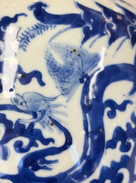 A Chinese blue and white jardini&egrave;re with stand, a 'Chilong' jar and a famille rose covered tureen, Guanyao 官窑 mark, 19th C.