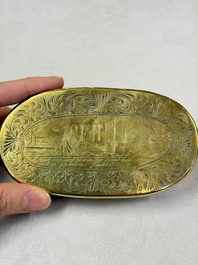 A group of four copper and brass engraved tobacco boxes, The Netherlands, 18th C.